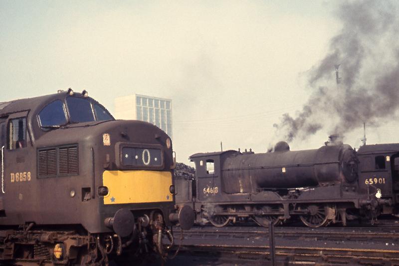 Two 37's - one yet to be and the other soon not to be: English Electric Type 3 D6858 cascaded from the Western Region and 64618, one of the last of the J37's, on Thornton shed on 22 September 1966. Photo of Two 37's - one yet to be and the other soon not to be