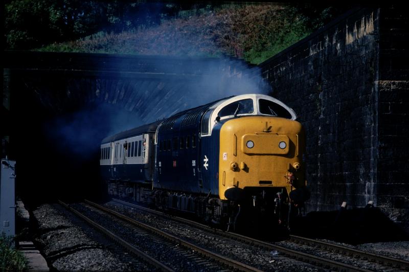 55015 out of Calton South tunnel into the sunlight: Booked for the entire Dundee-KX journey,55015 bursts out of the tunnel with 1E10 on 23 August 1980. Photo of 55015 out of Calton South tunnel into the sunlight