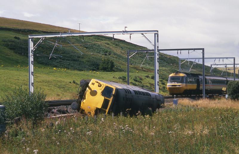 Derailment of 26029: 26029 ran through the catch points at the northern end of Grantshouse up loop and landed on its side. Photo taken 21 August 1988 Photo of Derailment of 26029