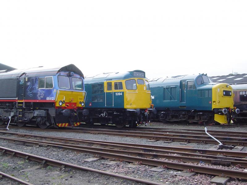 Outside the diesel shed at boness: 66412, D5394(27106) & 37175 Photo of Outside the diesel shed at boness