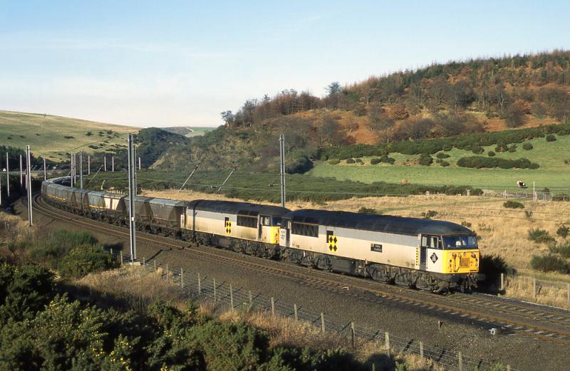 56080+56120.: Super power as a southbound coal train approaches Grantshouse loops, where the lead loco will detach and return to Millerhill. 17 February 1993 Photo of 56080+56120.
