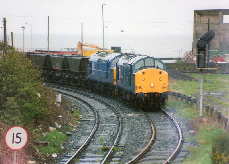 The Old Order!.: Transrail and Mainline class 37s await departure from Ayr Harbour branch with empty mgrs Photo of The Old Order!.