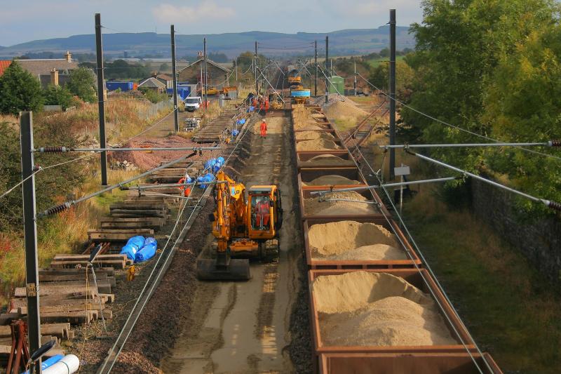 Reston Worksite: An overall view of the track relaying works at Reston on 10.10.09. 60022 can be seen lurking in the background with fresh ballast. Photo of Reston Worksite