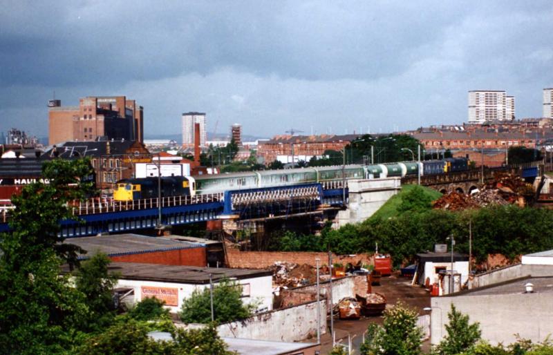 Killing the weeds: 26021 and 26039 top and tailing the weedkiller train over the Kelvin Viaduct East of Partick in June 1988 on its annual foray round the North Electric Lines. Photo of Killing the weeds