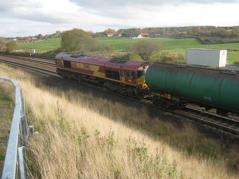 66113 Greenhill Junction: EWS class 66 66113 Comes Onto The Mainline At Greenhill Junction Hauling 6S36 Dalston Grangemouth Tanks On The 22/10/09 Photo of 66113 Greenhill Junction