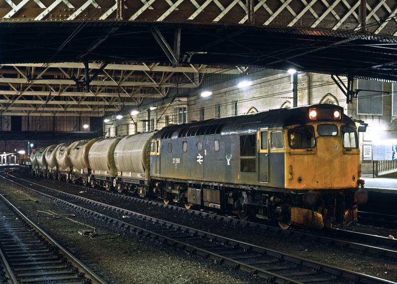27050 at Carlisle Citadel: 27050 pauses for a crew change in Citadel on the Tyne NY to Kingmoor NY freight. 31st January 1986 Photo of 27050 at Carlisle Citadel