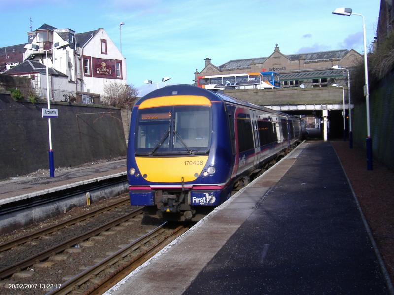 Around Arbroath 010.jpg: 170 406 Leaves Arbroath with the 12:25 Aberdeen-Edinburgh train Photo of Around Arbroath 010.jpg