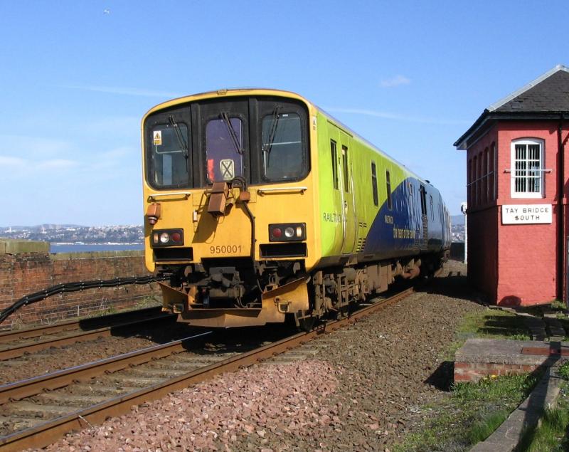 950001: Network Rail track recording unit 950001 passes Tay Bridge South box Photo of 950001
