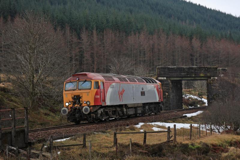 virgin territory: 57310 near County March summit with 0Z57 Polmadie - Fort William GBRf route learner on 26/01/10. First 57/3 to the Fort. Photo of virgin territory