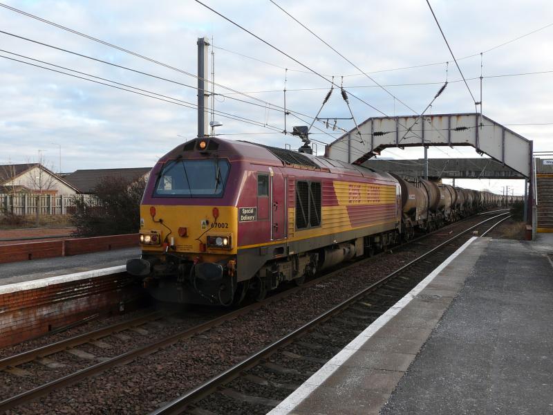 Special Delivery at Barassie: 67002 'Special Delivery' on the 6D79 empties from Irvine CPP to Mossend briefly stops at Barassie Station at 16.01 on 11.02.2010 before crossing to the up line for Glasgow. Photo of Special Delivery at Barassie