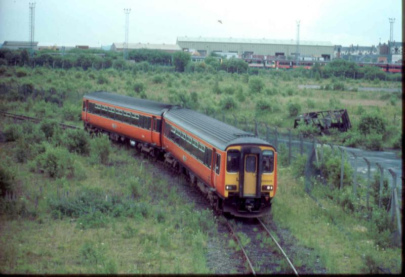 Departing the Works: 156505 gingerly negotiating the trackwork out of Glasgow Works after a wash and brush up in June 1990. Photo of Departing the Works