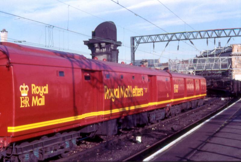 Royal Mail rebranding: TPO stock being propelled into Platform 12 in October 1986 on an exhibition of Royal Mail rebranding going round the country. Recently named 47549 ROYAL MAIL was the motive power. Photo of Royal Mail rebranding