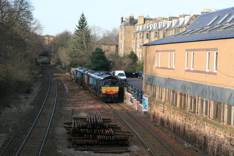 6S43: 66429 + 66416 plus 1 flask on 6S43 06.42 Carlisle to Torness pass through to site of Newington Stn. Photo of 6S43