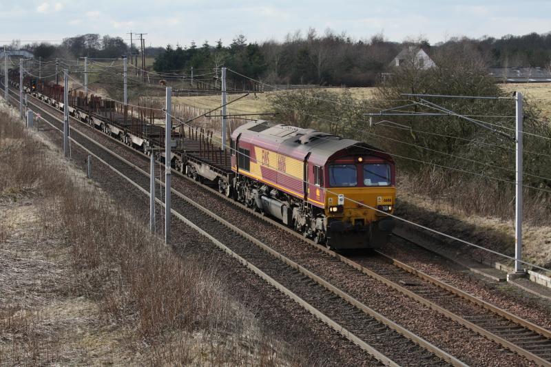 66116: 66116 Approaching Ravenstruther with empty steels on route to Lackenby from Dalziel steel works 13:59 16/3/10 Photo of 66116
