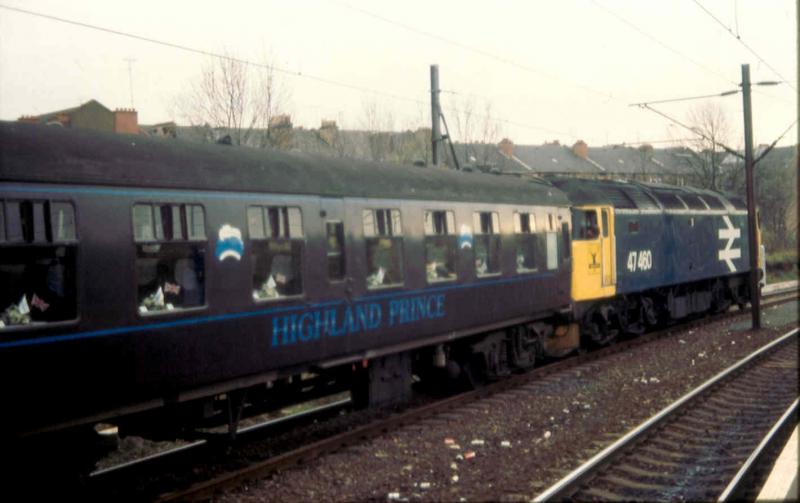 47460- waiting its turn: 47460 and Highland Prince stock waiting its path in Hyndland Loop to head for Exhibition Centre in November 1989. Photo of 47460- waiting its turn