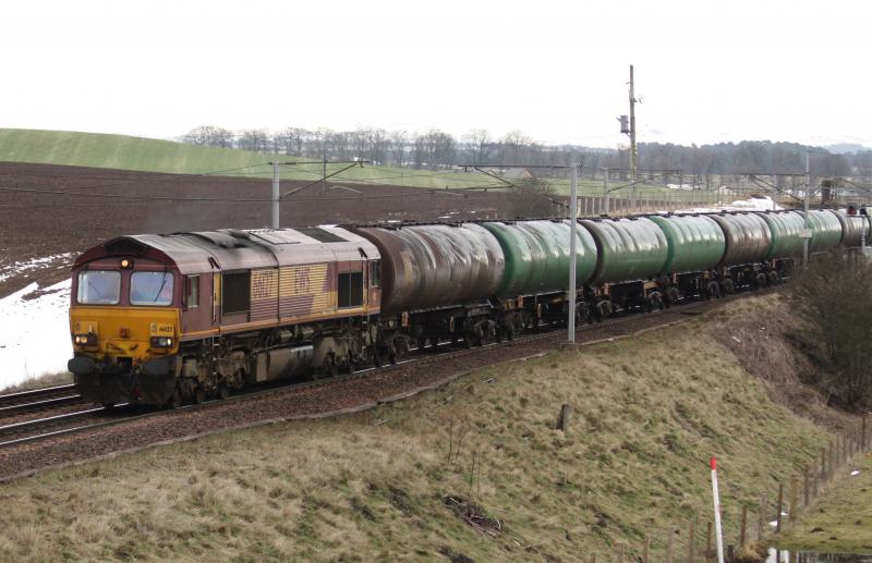 6s36: 6s36 - 66127 Passing Ravenstruther 13:42 3/4/10 with empty bogie tanks for Grangemouth. Photo of 6s36