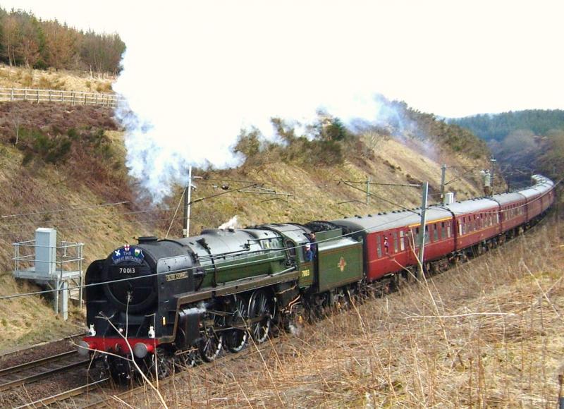 1Z60 Preston-Glasgow: 70013 Oliver Cromwell almost at Beattock summit today, 9th April with the GB111 tour. Photo of 1Z60 Preston-Glasgow