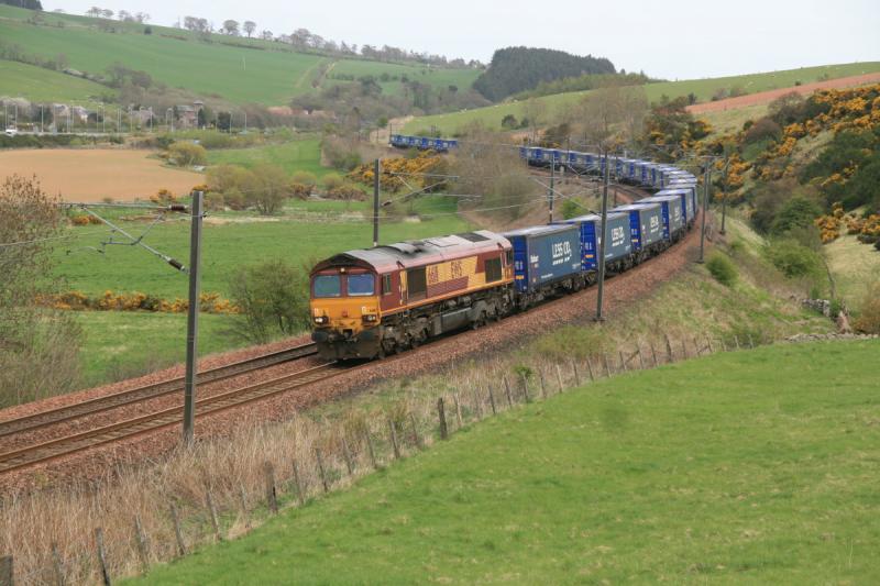 4S43 at Houndwood: 66111 on 4S43 Rugby to Mossend passes Houndwood on 01/05/2010 Photo of 4S43 at Houndwood