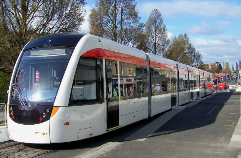 A tram on Princes Street: The first complete tram to arrive in Edinburgh sits on Princes Street. Photo of A tram on Princes Street