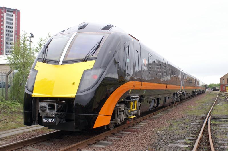 180105: Ex Works 180105 stands in the yard at Railcare Springburn prior to departure on the 19th May Photo of 180105