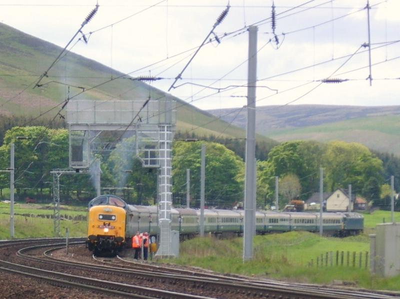 Royal Scots Grey. 31st May 2010: 55022 on 1Z87 to Edinburgh sits in down loop at Abington today. awaiting path onto main line to continue its journey. 57316 on the rear of the train. Photo of Royal Scots Grey. 31st May 2010