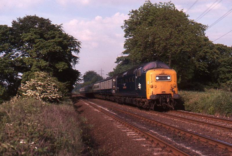 55022 in service >30 years ago: 55022 brings 1E26, the diverted Edinburgh-York 1825, up though Currievale on the climb to Ravelrig on a sunny evening in July 1979. Photo of 55022 in service >30 years ago