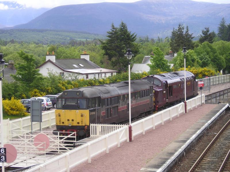 31/37 at Aviemore: 31602 & 37261 wait at Aviemore to take over the Royal Scotsman. June 13th 2005. Photo of 31/37 at Aviemore