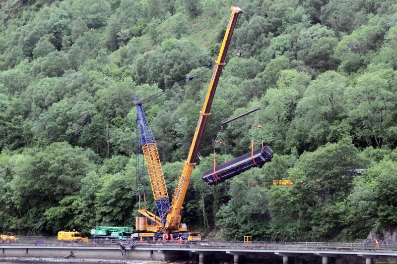 Oban line lift: 52499 is lifted clear of the accident site by a 1000t crane on Friday 11th June 2010 Photo of Oban line lift