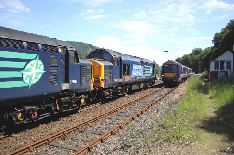 Old & New at Dunkeld: Spitfires Highland Railtour waits for the 13.11 Dunkeld departure to Inverness Photo of Old & New at Dunkeld