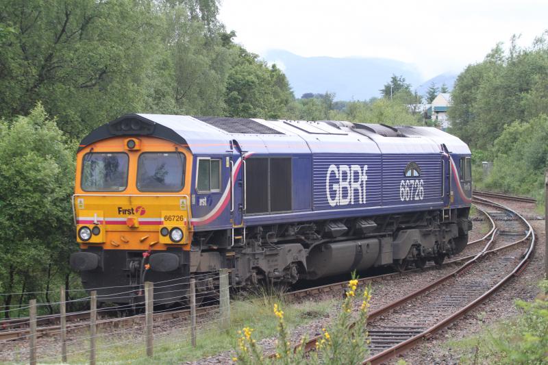 GBRf 66 at Fort William: 66726 hides among the birches on the smelter siding on 24 June 2010 Photo of GBRf 66 at Fort William