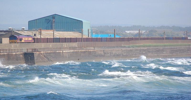 The Tide is High: High tide and high winds at Saltcoats as 66079 passes on 6Z89 Carlisle to Hunterston Photo of The Tide is High