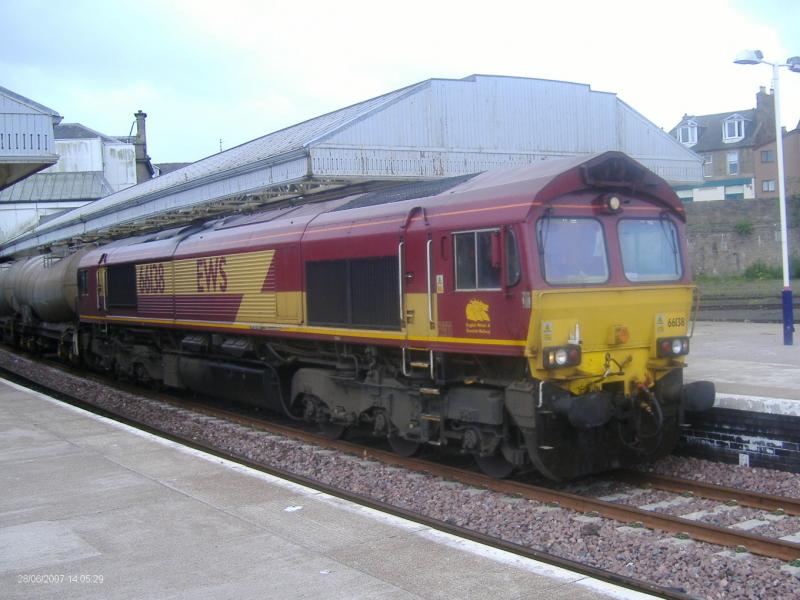 Around Arbroath 039.jpg: 66 138 on the Mossend-Aberdeen Enterprise passing Arbroath station. Photo of Around Arbroath 039.jpg
