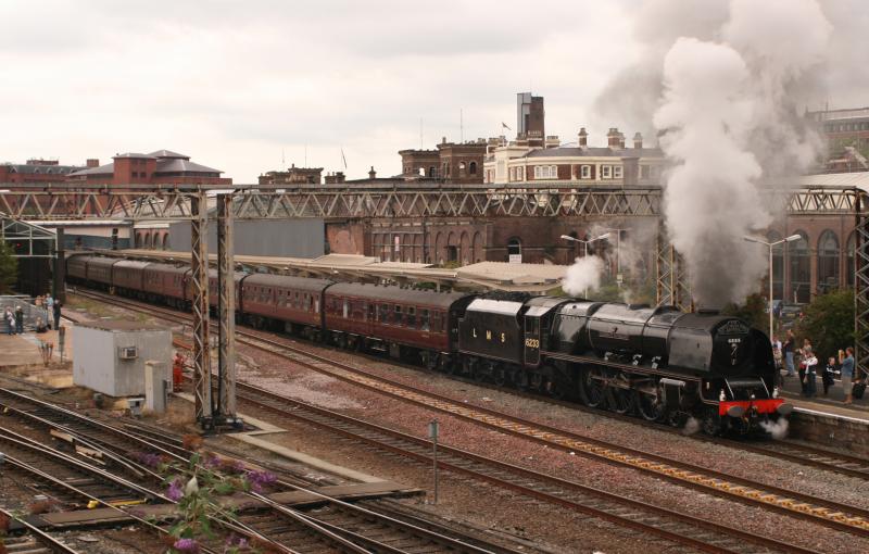 Duchess leaves Chester: In its 1946 LMS livery, 6233 heads out of Chester with the North Wales Coast Express (with SRPS Mk 1s in the consist) on a dull 8 August 2010 Photo of Duchess leaves Chester
