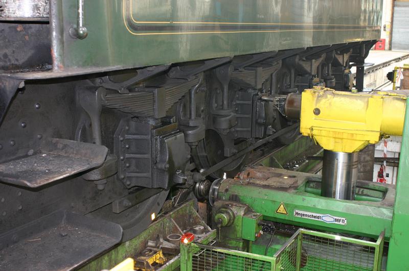 Wheel lathe: The second axle of the tender gets the treatment. This is the last turning for these tyres and new ones will have to be fitted when No 9 returns. Photo of Wheel lathe