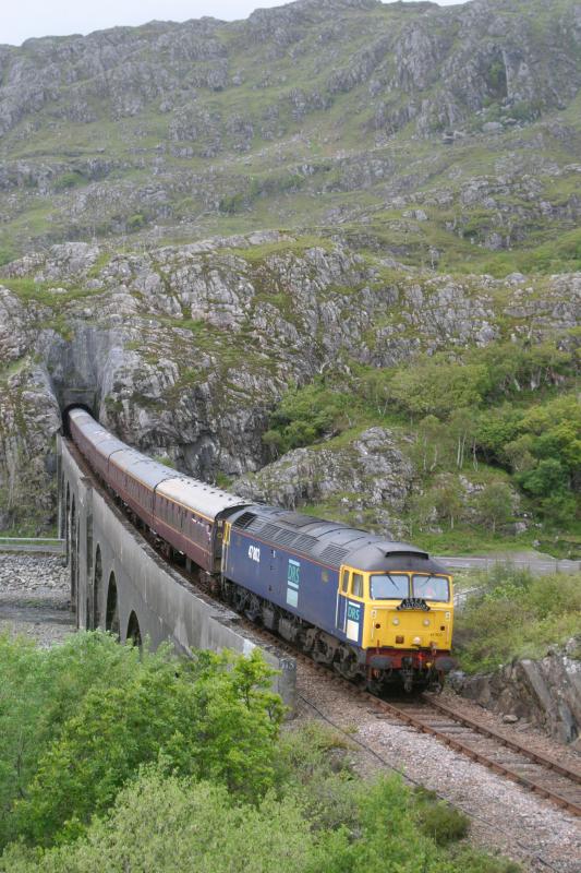 47802 at Loch Nan Uamh viaduct: 47802 standing in for a WCRC 47 on an SRPS Glenrothes-Mallaig tour crossing Loch Nan Uamh viaduct on the way back to Fort William. 47245 was the tailing loco. 19th May 2007 Photo of 47802 at Loch Nan Uamh viaduct
