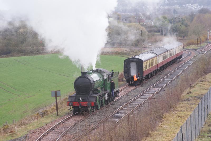 Uncoupled at Manuel: D49 'Morayshire' uncouples from her carriages at the Manuel extension on the B&KR to run round for the return journey.Taken from the Whitecross bridge above the Glasgow & Edinburgh mainline. Photo of Uncoupled at Manuel