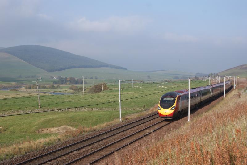 Pendolino Southbound: The lovely countryside of South Lanarkshire is the backdrop to this Virgin Class 390 three miles north of Abington. Photo of Pendolino Southbound