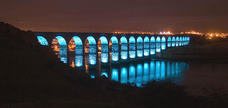 Royal Border Bridge Illuminated: One of the striking colours in evidence is blue, or aquamarine. Photo of Royal Border Bridge Illuminated