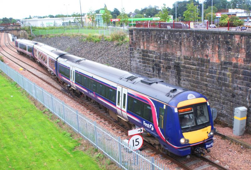 Alloa Departure: The highly successful re-opening of the Stirling & Alloa Line (SAK) and high passenger numbers to Stirling and beyond , this Turbostar seen here negotiating the points outwardbound. Photo of Alloa Departure