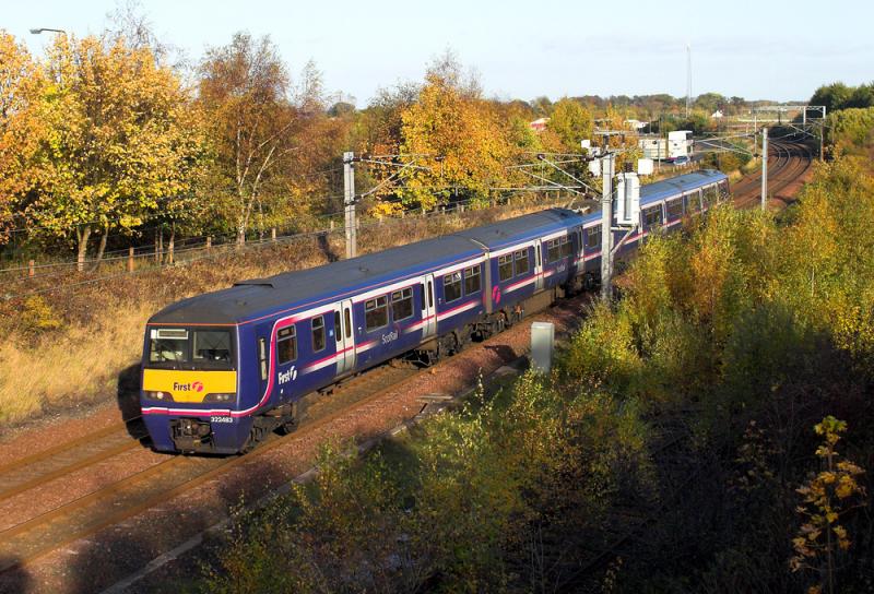 Autumn colours at Blindwells: 322483 rushes past Blindwells with the 15:04 from Dunbar to Waverley. 27 October 2010 Photo of Autumn colours at Blindwells