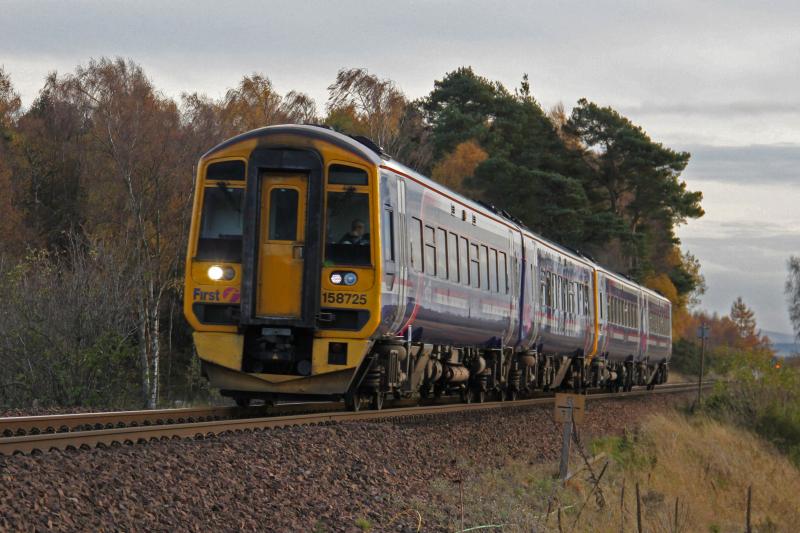 Twin 158's: 158725/1587?4 between Murthly and Stanley pass in between Chareston and Kinclaven level crossings
1335 Edinburgh - Inverness service. 3/11/10 Photo of Twin 158's
