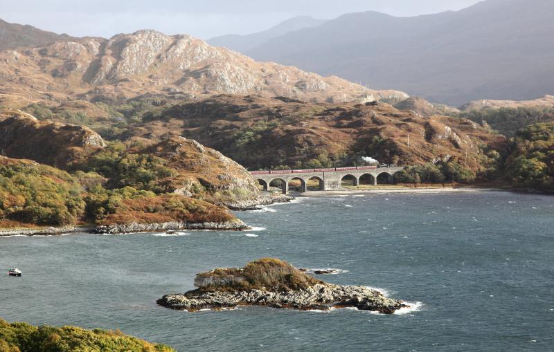 Loch Nan Uamh, Autumn: 44871 crossing Loch Nan Uamh viaduct with The Jacobite on 18/10/10. Photo of Loch Nan Uamh, Autumn