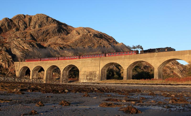 Going Home: '45487' returns home over Loch Nan Uamh viaduct in evening sunlight, on the Photo Charter weekend 2010. Photo of Going Home