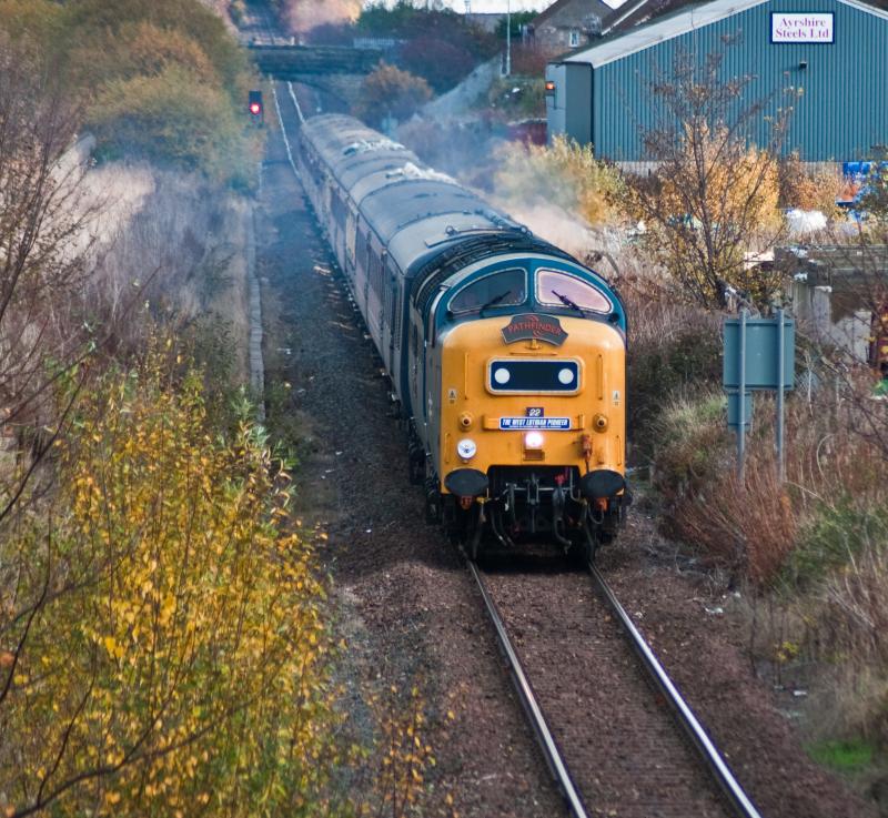 55022 in some Ayrshire sunshine: 55022 heads away from the Token point towards Newton Junction on the West Lothian Pioneer Sat 6th Nov 2010 Photo of 55022 in some Ayrshire sunshine