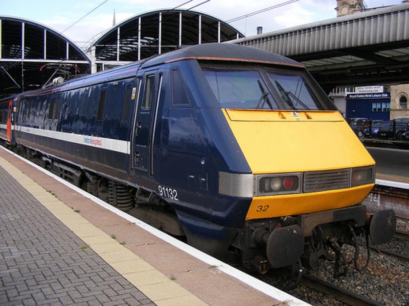 The Lucky One: Class 91132 waits at Newcastle for Kings Cross. This must be the luckiest engine there is having survived 2 crashes and never even left the rails on either of them. Photo of The Lucky One