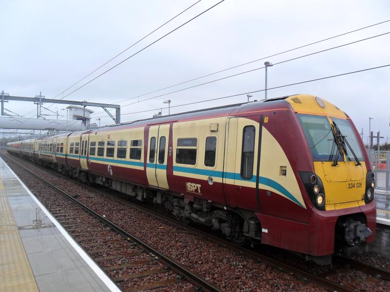 334026 at Bathgate: 334026 sits in Bathgate station on driver training. Photo of 334026 at Bathgate