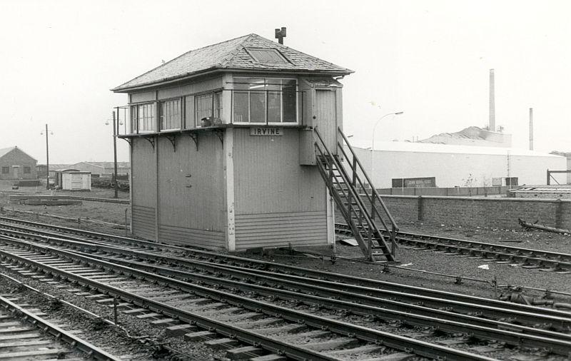 Irvine Signalbox (old): Circa 1985. The shot of shunter 08.344 at Irvine obscures this 'box. Photo of Irvine Signalbox (old)