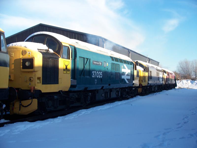 Snowy 37's: 37025 sits at Bo'ness with 37906 and 37413 on a very snowy 4th December. Photo of Snowy 37's
