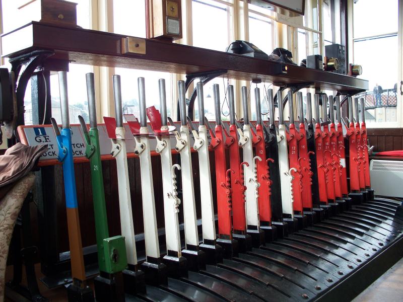 Bo'ness Signal Box : The 24 lever frame at Bo'ness. Hopefully plans for a new signal box at Birkhill will be finalised in the next couple of months. Photo of Bo'ness Signal Box