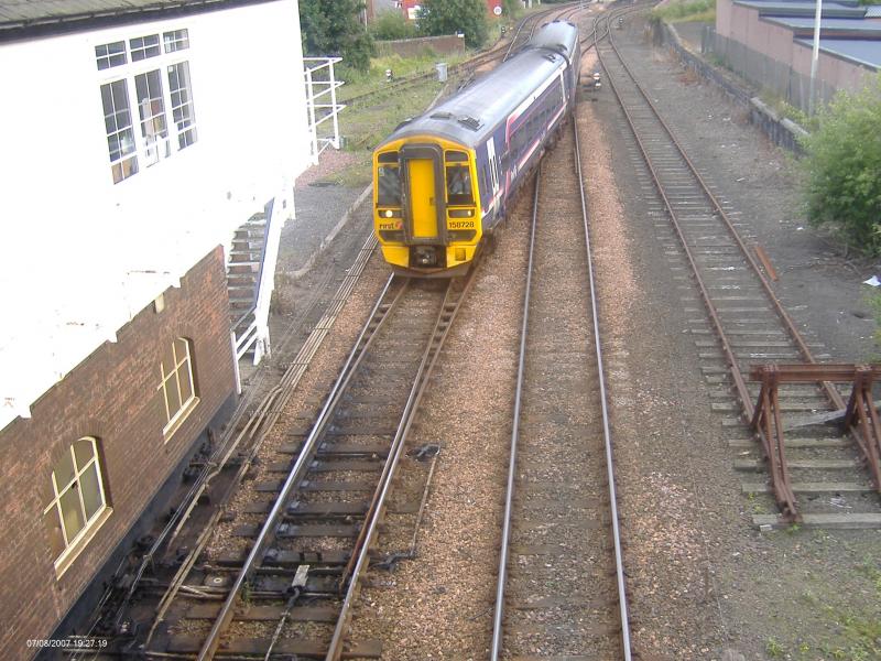 158 728: 158 728 crosses from down to up line at Arbroath North signalbox Photo of 158 728